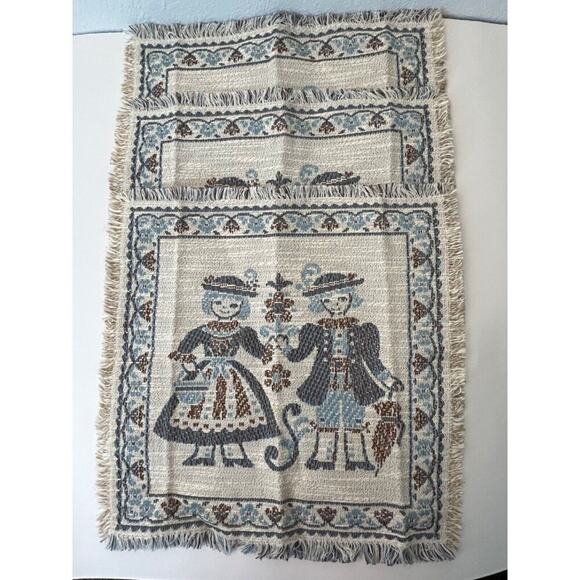 Vtg Kolf Blue Woven Tapestry Square Mats Austrian Boy Girl Linen Blend Set of 3 - Picture 2 of 8